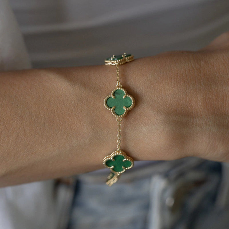 Pulsera Dorada de Tréboles con Circonias Verdes + Pendientes gratis